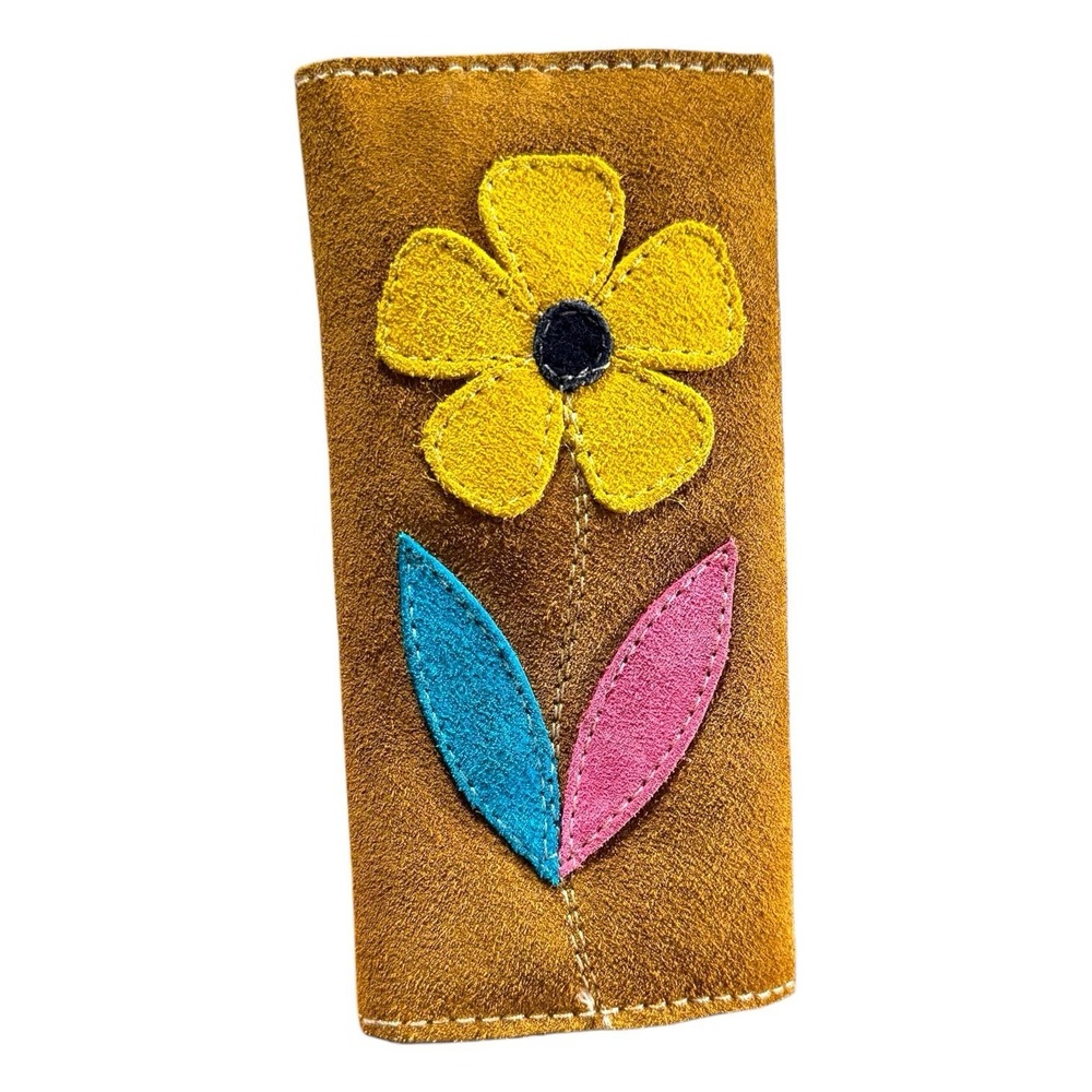 Suede Leather Euro Wallet Flower Contrast Stitching Fold Mirror Zipper Colorful